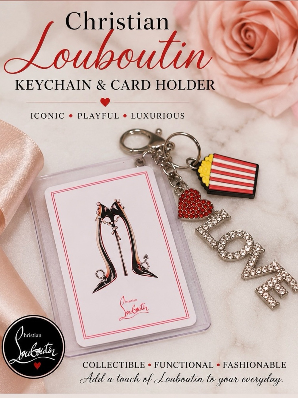 Christian Louboutin 2 of clubs in case  w/LOVE' Keychain &  Popcorn Charm